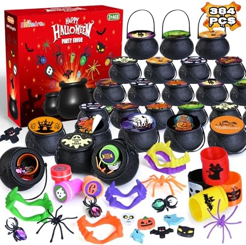 Shemira 384 PCS Halloween Party Favors Bulk for Kids, 48 Pack Prefilled Witch Cauldrons with Halloween Toys, Halloween Goodie Bag Fillers, Halloween Party Supplies, Halloween Miniatures Novelty Toys