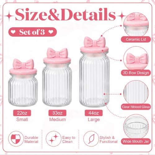 Mimorou 3 Set Pink Bow Candy Glass Jars with Ceramic Lids 44oz 33oz 22oz Summer Bow Cookie Jars Airtight Glass Food Storage Containers for Spring Summer Party Tea Cookie Snacks Sugar