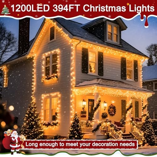Christmas Lights Outdoor, Christmas Tree Lights Plug in, 8 Modes Twinkle String Light for Bedroom Wedding Party Ceiling Xmas Home Decorations 1200 LED(Warm White 394 FT)