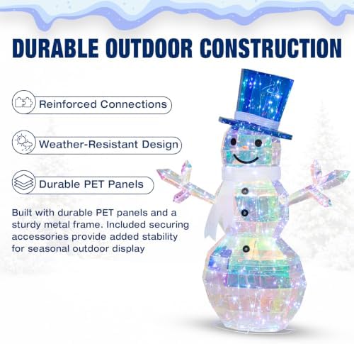 Hykolity 4 FT 2.5D Iridescent Prismatic Lighted Snowman, Outdoor Christmas Snowman Decoration with 100 Cool White LED Lights, Top Hat and Scarf for Yard, Lawn and Porch
