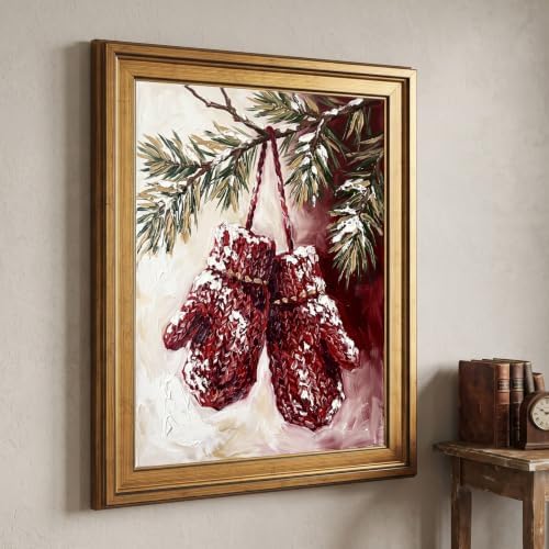 Framed Canvas Wall Art Painterly Winter Mittens on Pine Branch Red and White Snow Texture Canvas Print Poster Gold Frame Wall Decor for Living Room Winter Season, Holiday Art - Inch 16x20