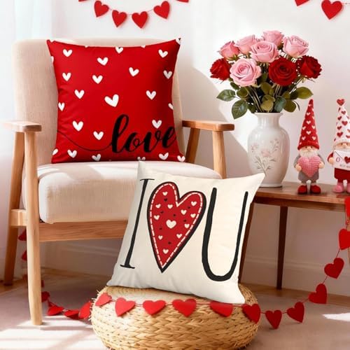 Valentines Day Decorations-Valentine Pillow Covers 20x20 Set of 4, Red Hearts I Love You Happy Valentine's Day Throw Outdoor Pillow Covers Anniversary Wedding Cushion Case for Home Sofa Couch Decor