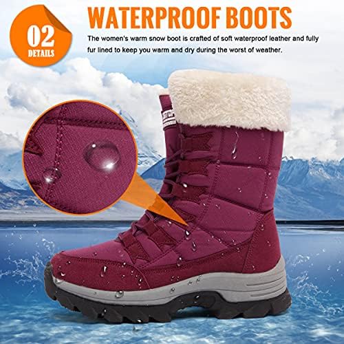 Womens Snow Boots Winter Fur Lined Waterproof Walking Boots Lightweight Outdoor Ankle Boots Ladies Warm Shoes Anti-Slip Mid Calf Boots