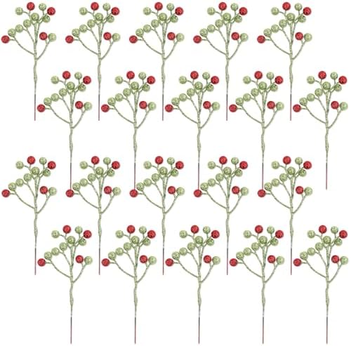 Fangoo 20 Pack 7 Inch Artificial Green Red Berry Picks for Christmas Tree