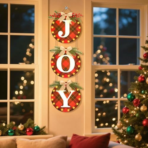 Lighted Christmas Joy Door Sign, Wooden Buffalo Plaid Decor with LED Lights