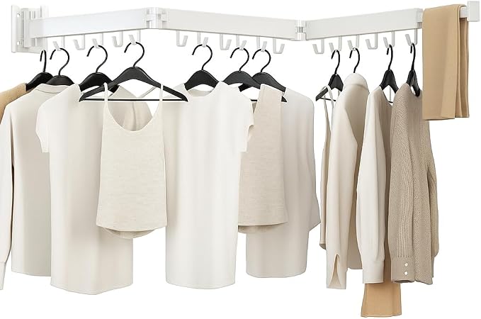 Kelisiting Clothes Drying Rack, Laundry Drying Rack Wall Mounted, [No-Drill & Drilling to Choose] 3-Fold Laundry Drying Racks for Hanging Clothes, Foldable & Sturdy Space Saver for Laundry Room -White