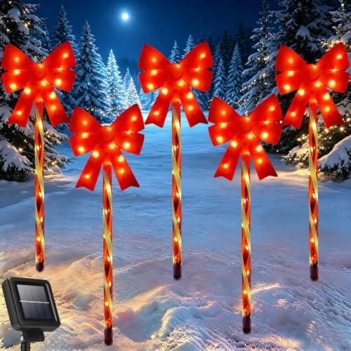 Outdoor Christmas Decorations Solar Pathway Lights, Set of 5 Red Bow Candy Stake Lights, Waterproof Solar Christmas Lights for Holiday Display Yard Garden Lawn Winter Party Xmas Decor