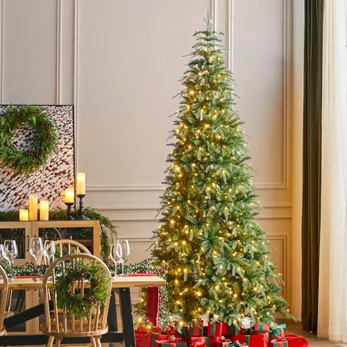 Glitzhome 9ft Prelit Christmas Tree, Slim Christmas Tree Artificial Tree Radiant Evergreen Fir with 650 Warm White/Multi-Color LED Lights, 9 Function, w/Remote Control & Metal Base, Easy Assembly