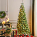 Glitzhome 9ft Prelit Christmas Tree, Slim Christmas Tree Artificial Tree Radiant Evergreen Fir with 650 Warm White/Multi-Color LED Lights, 9 Function, w/Remote Control & Metal Base, Easy Assembly