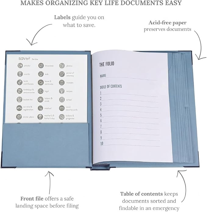 The Folio® Important Document Organizer by Savor | Binder with Guided Labels, Acid-Free File Folder Organizer with 10 Pockets, Document Holder for Home Records, Legal and Medical Papers (Blue)