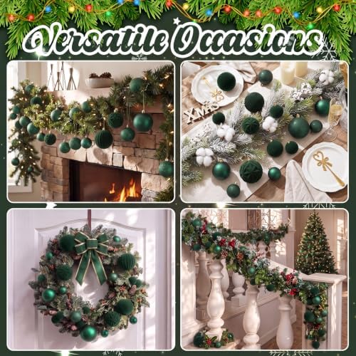 Civaner 52 Pcs Velvet Christmas Ball Ornaments Flocked Christmas Tree Hanging Ornaments 3 Assorted Size Shatterproof Xmas Ball Decorations Set for Xmas Holiday Winter Party Decor(Dark Green)