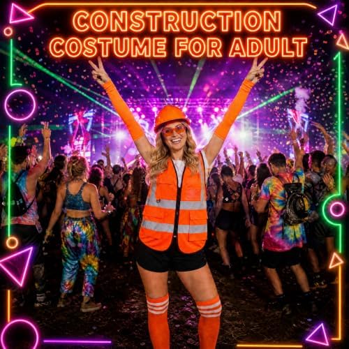 Neon Construction Worker Costume, Reflective Vest Costume Hat Glasses