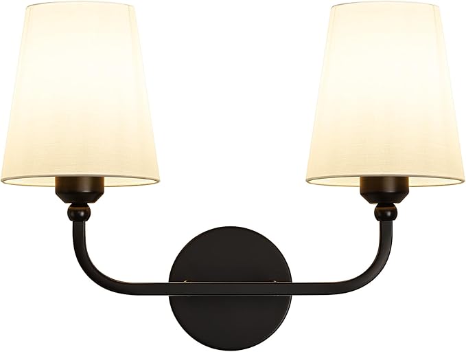 Bathroom Vanity Light, Matte Black Bathroom Light Fixtures, 2-Light Lighting Fixtures Over Mirror, Modern Wall Sconce with Flared White Fabric Shade, E26 Socket(ETL Listed)