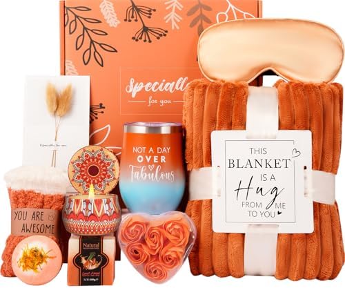 Fall Gifts for Women Orange, Fall Gift Basket, Halloween, Birthday Gifts for Mom Her Wife Friend w/FALL Candle Socks,Self Care Get Well Gift Spa Set, Teacher,Thanksgiving,Boo Basket Gift Box Cozy