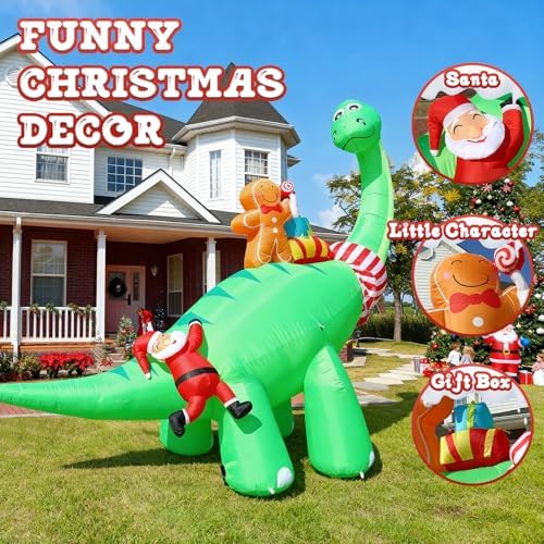 12FT Inflatable Dinosaur Santa Claus with Bright LED Lights for Yard