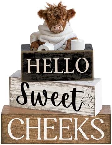 Moucuny 4 Pcs Highland Cow Bathroom Decor Wooden Signs, Farmhouse