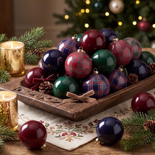 12 Pcs Plaid Christmas Ball Ornaments 2.36 Inch Green Blue Burgundy Balls