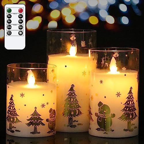 Gold Snowman Glass Flameless Candle Battery Operated Remote Timer