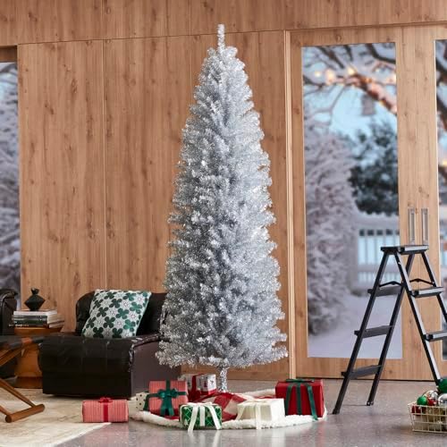 Glitzhome Pencil Tinsel Artificial Christmas Tree, 7.5ft Silver Christmas Tree with 1180 PVC Branch Tips and Foldable Metal Stand for Home Office Party Holiday Decoration