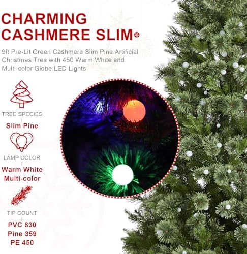 Glitzhome Prelit Christmas Tree, 9ft Artificial Christmas Tree Green Charming Cashmere Slim Pine with 450 Warm White and Multi-Color Globe LED Lights, 9 Function w/Foot Pedal and Remote Control