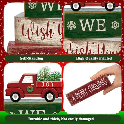 Lineshading 4 Pcs Wooden Red Truck Christmas Decor Block Signs