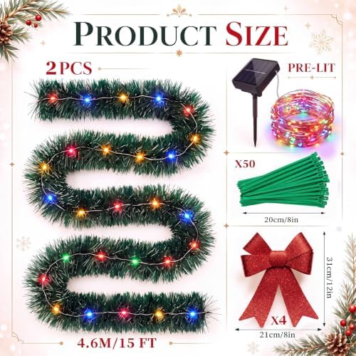 Kingdder 2 Pcs 30FT Outdoor Christmas Garland with Solar Lights, Multicolor