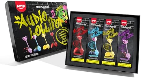 AMOS Music Lollipop Candy Suckers – TastySounds Audio Hip Hop Singing Lollipop, Assorted Fruit Flavors, Sugar-Free, Low-Calorie Snack, 4-Pack Gift Box