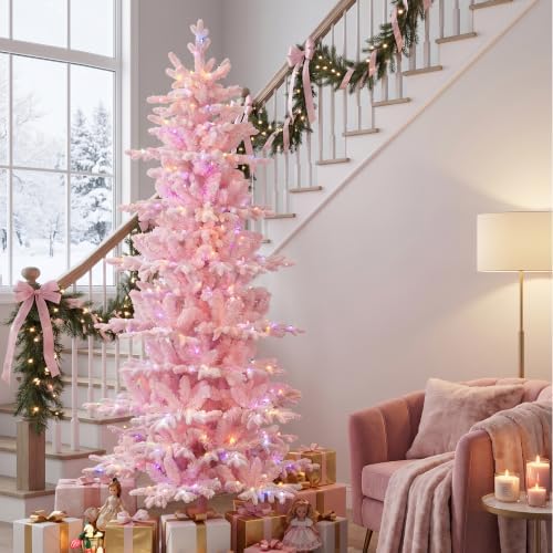 Glitzhome 7.5ft Prelit Artificial Christmas Tree, Slim Pink Frostfall Fir Xmas Tree with 360 Warm White & Multi-Color Lights, 1,486 Branch Tips, Flocked Christmas Tree for Indoor Holiday Spaces