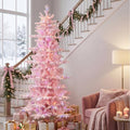 Glitzhome 7.5ft Prelit Artificial Christmas Tree, Slim Pink Frostfall Fir Xmas Tree with 360 Warm White & Multi-Color Lights, 1,486 Branch Tips, Flocked Christmas Tree for Indoor Holiday Spaces