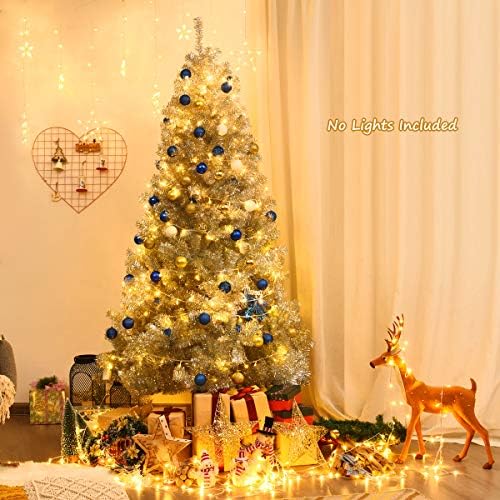 Happygrill 7.5 FT Christmas Tree Silver Tinsel Xmas Tree with 1258 Branch Tips Metal Stand Artificial Hinged Christmas Tree for Indoor and Outdoor