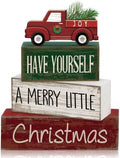 Lineshading 4 Pcs Wooden Christmas Tabletop Decor Red Truck Tiered Tray Decor Christmas Centerpiece Decorative Red Truck Block Signs Gift Farmhouse Winter Table Decoration for Home Kitchen Shelf