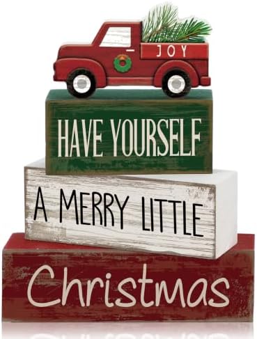 Lineshading 4 Pcs Wooden Christmas Tabletop Decor Red Truck Tiered Tray Decor Christmas Centerpiece Decorative Red Truck Block Signs Gift Farmhouse Winter Table Decoration for Home Kitchen Shelf