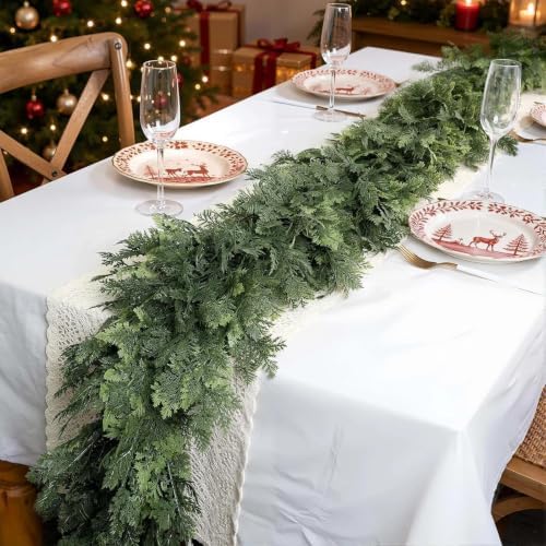 Christmas Garland 6FT Decorations Real Touch Cedar Cypress Pine Greenery Artificial Green Christmas Garland for Mantle, Fireplace, Table, Stairs, Door, Porch, Indoor Outdoor Decorations