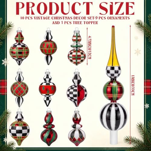 Yinder 10 Pcs Retro Christmas Glass Ornament Red Green Black White Tartan