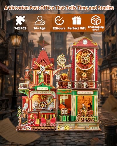 OZJAY Time Post Office DIY Miniature House Kit,3D Wooden Puzzles for Adults