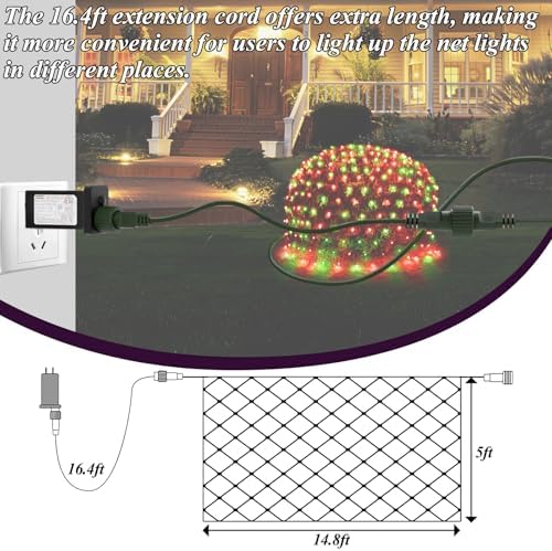Lovelite 300LED Christmas Net Lights, 14.8ft x 5ft Mesh Lights Outdoor Green Wire 8 Modes Timer, Waterproof Connectable String Lights for Bushes Xmas Tree Garden Holiday Party Decor - Red Green