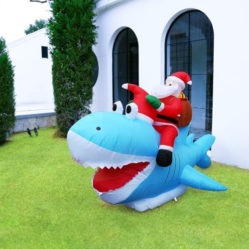 8.8FT Inflatable Santa Riding Shark with LED Lights for Yard