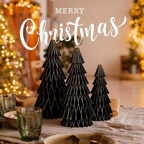 SUNBEAUTY 3PCS Black and Gold Honeycomb Paper Christmas Tree, 3D Christmas Tree Table Centerpiece with Magnetic Attachment,Christmas Winter Newyear Party Holiday Home Decor