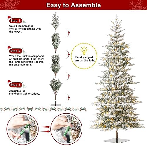 Glitzhome 10ft Prelit Christmas Tree, Artificial Flocked Christmas Tree with 2335 PE&PVC Branch Tips, Deluxe Majestic Frostfall Fir Holiday Tree w/700 Warm White Lights, Three Function, Easy Assembly