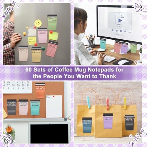 60 Set Employee Appreciation Gifts Bulk Team - 60Pack Coffee Cup Notepad+60 Ballpoint Pens+ 60 Drawstring Gift Bags, Bulk Gifts for Coworkers/Staffs/Teachers/Christmas