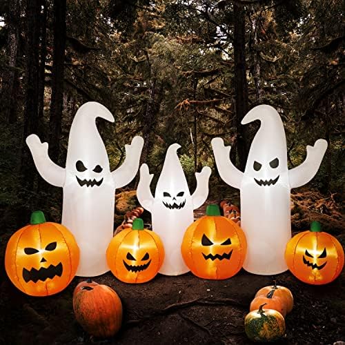 SAND MINE 8 FT Long Lighted Halloween Inflatable Ghosts with Pumpkins, Halloween Blow Up Decorations for Halloween Indoor Outdoor Garden Lawn Party Yard Decorations