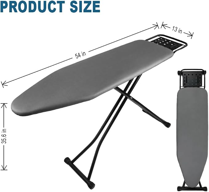 Ironing Board Full Size, Heat Resistant Cover Iron Board with Steam Rest, Ultra Thick Padding, Height Adjustable Heavy Sturdy Metal Frame Legs Ironing Stand,Non-Slip Foldable (54"x13", Square Rest)