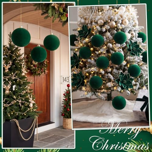 Threan 8 Inch Large Emerald Green Velvet Christmas Ball Ornaments