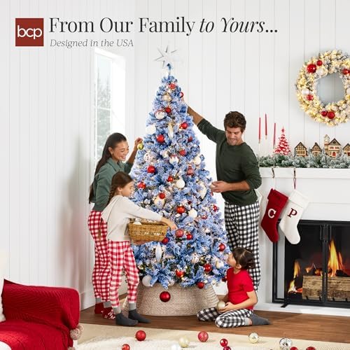Best Choice Products Artificial Flocked Christmas Tree, 6ft Premium Pre-Lit Colorful Pine Holiday Décor w/250 Twinkle Lights, Metal Base - Baby Blue
