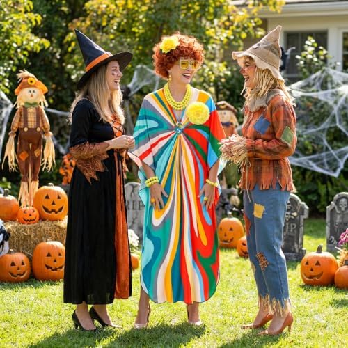 Halloween Women Landlady Costume Caftan Dress Curly Wig Jewelry & Sunglass