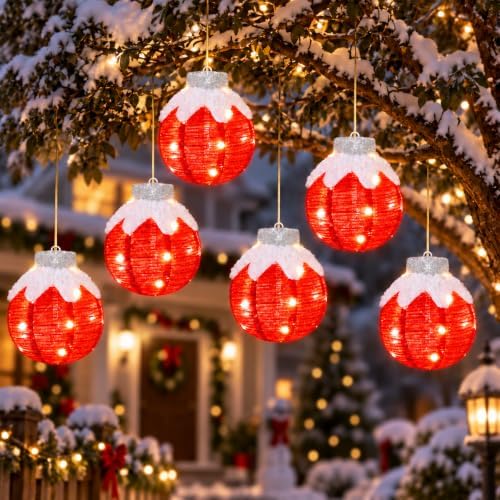 Christmas Light Balls Outdoor, Lighted Hanging Ornaments, Red
