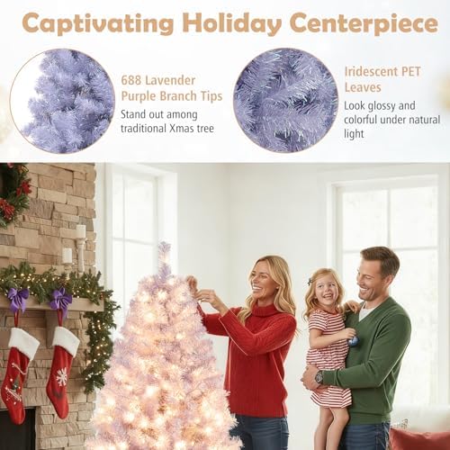 HAPPYGRILL 6 FT Pre-lit Tinsel Christmas Tree Artificial Xmas Tree with 250 LED Lights, 8 Modes, 688 Lavender Purple Branch Tips, Folding Metal Stand, Seasonal Holiday Tree for Home Office Party