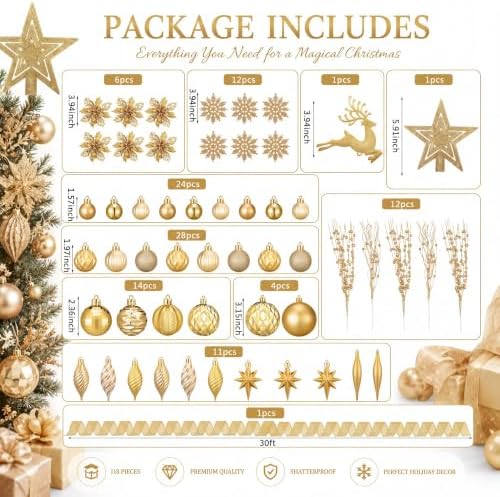 CroBlissful 118 Pcs Christmas Tree Ornaments Set Including Ornaments Balls, Hanging Snowflakes Icicle, Mesh Ribbon, Tree Top Star, Flower, Berries Stems for Xmas Trees Holiday Decor(Gold)