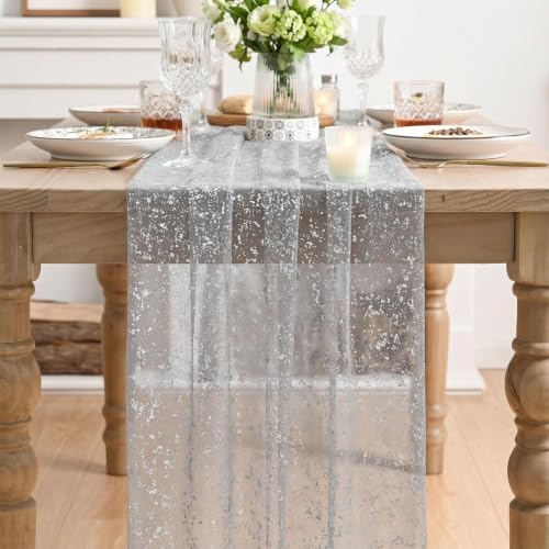 Artoid Mode 6PC Grey Gold Gauze Table Runner 120 Inch 10FT, Glitter Metallic Foil Sheer Dining Wedding Anniversary Holiday Birthday Table Decor for Home Party