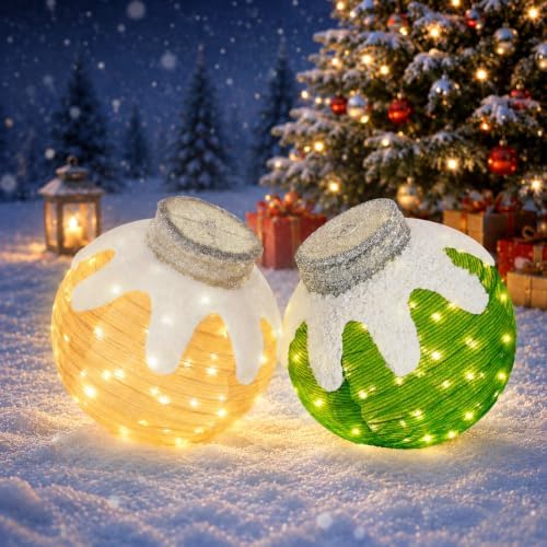 2 Pcs Outdoor Christmas Ornaments, Lighted Pop-Up Holiday Ball Decoration with 160 LED Lights, 8 Light Functions, Lighted Collapsible Christmas Outdoor Decorations for Yard, Patio, Home